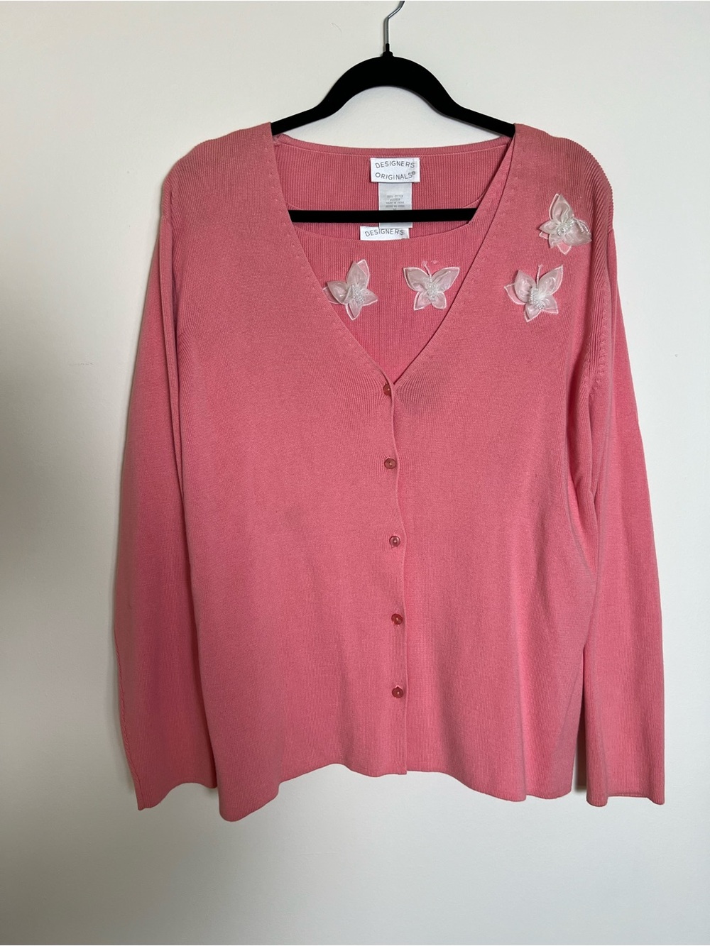 Designers Originals Rose Pink V-Neck Cardigan with Floral Appliqué